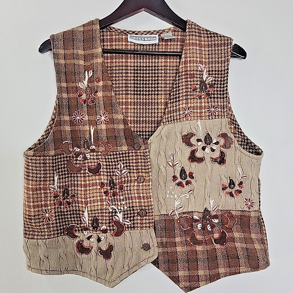 Dress Barn Wool Blend Embroidered Fall Vest‎ Women's Large Brown Plaid Floral